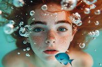 Young woman with freckles underwater surrounded by floating bubbles and small blue fish in turquoise water with warm lighting effects.