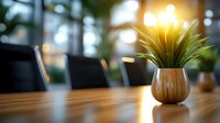 Green plant in modern ceramic pot on wooden table with blurred office background and sunlight creating cozy atmosphere for workspace design.