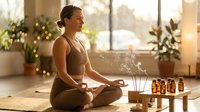 Young Caucasian woman meditating in lotus pose with incense sticks and essential oils in a warm, serene yoga studio setting.