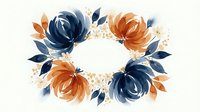 Watercolor floral wreath with navy blue and orange roses on white background. Elegant botanical frame for wedding invitations and greeting cards.