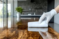 Hand in white glove cleaning wooden kitchen counter with cloth in modern home interior. Professional housekeeping and sanitizing surface maintenance.