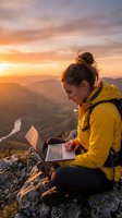 Woman in yellow jacket working on laptop at mountain summit during golden hour sunset, overlooking valley landscape with river and distant peaks.