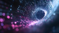 Futuristic digital tunnel with glowing pink and blue particles creating dynamic motion effect against dark background, suitable for technology concepts.