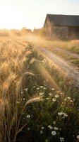 Golden wheat field with wildflowers and rustic barn at sunset, warm light creating peaceful rural countryside atmosphere for agricultural concepts.