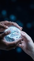 Two hands holding a glowing digital brain with circuit patterns against a dark background with bokeh lights. Represents artificial intelligence, innovation, technology transfer, and collaborative learning.