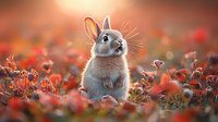 Adorable gray rabbit sitting upright in autumn meadow with orange flowers and warm golden sunlight creating dreamy bokeh background for seasonal wildlife photography.