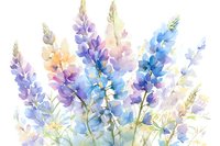 Delicate watercolor lupines in soft blue, purple, and peach tones create an ethereal garden scene with loose, flowing brushstrokes on white background, suitable for stationery design.