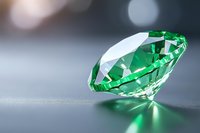 Sparkling green emerald cut gemstone on gray surface with soft bokeh background and reflection, showcasing luxury jewelry detail and precision facets.