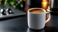 Fresh brewed espresso in white ceramic mug on dark background with soft bokeh lights and blurred decorations, moody coffee photography.