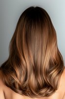 Back view of long wavy brown hair with caramel balayage highlights on young Caucasian woman showing professional salon styling result against gray background.