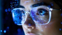 Young Asian woman in glasses with digital data and code reflections, blue technology visualization overlay showing futuristic interface for cybersecurity concept.