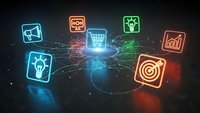 Digital marketing network with glowing business icons connected by data streams on dark technology background for online commerce strategies.