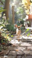 Young fawn walking alone on garden path with soft sunlight filtering through leaves, creating magical woodland atmosphere in backyard setting.