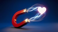 Red horseshoe magnet attracting glowing pink heart with electric energy waves on blue gradient background for love attraction concept.
