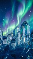 Magical aurora borealis dancing over crystal formations with vibrant green and purple lights illuminating transparent gemstones against starry night sky.