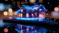 Futuristic glowing hologram house with blue neon light effect floating above dark surface. Digital real estate concept with bokeh background and reflection.