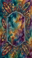Colorful boho feathers frame with ethnic ornaments on watercolor background, silver border, rich jewel tones for cards and invitations.
