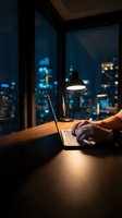 Professional working late at night on laptop with city skyline view through office window. Modern workspace with desk lamp illumination for productivity concepts.
