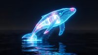 Luminous neon whale breaching ocean surface with glowing blue and pink holographic effect against dark night sky for digital art and fantasy designs.