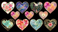 Watercolor heart shapes with floral and botanical designs, isolated on transparent background. Ready for t-shirt designs, stickers, clipart, sublimation, print-on-demand products, and digital crafts.