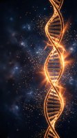 Glowing golden DNA double helix spiral with fiery particles on a dark cosmic background, symbolizing genetics, biotechnology, and science.