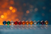 Colorful glass Christmas baubles arranged in line with bokeh lights background creating magical holiday atmosphere and reflective surface below.
