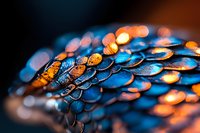 Reptile scales with iridescent blue and orange coloring, macro photography with shallow depth of field, suitable for wildlife, nature, and design projects.