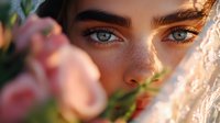 Close up portrait of young woman with freckles and bright blue eyes looking through pink flowers in warm sunset light, natural beauty concept.