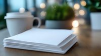 Stack of white paper sheets on wooden desk with coffee cup and blurred bokeh lights in background, creating cozy workspace atmosphere for business or study.