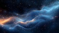 Glowing energy waves flow through cosmic space with golden and blue light, stars scattered across dark universe background for science fiction and astronomy concepts.