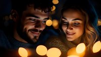 Romantic couple sharing intimate moment in evening light with golden bokeh effect, warm atmospheric lighting creates dreamy mood for relationship concepts.
