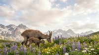 Mountain goats grazing in alpine wildflower meadow with snow-capped peaks and dramatic sky. Wildlife family scene perfect for nature and outdoor themes.