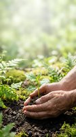 Elderly hands protecting young green plant seedling in rich soil with natural forest background for environmental conservation and growth concepts.