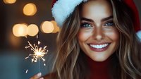 Young woman in Santa hat and red sweater holding sparkler, radiating joy with bright smile against blurred holiday lights background. Festive Christmas portrait.