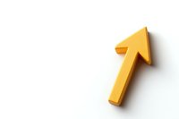 Yellow upward pointing arrow symbol on white background with soft shadow, isolated design element for business growth and success concepts.