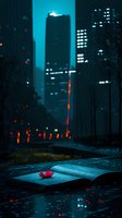 Red paper boat on open book against dark cityscape with glowing turquoise skyscrapers and bokeh lights creating moody urban atmosphere in rainy night.