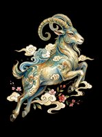 Ornate goat with decorative gold and teal patterns, clouds, and floral elements, isolated on transparent background. Ready for t-shirts, stickers, clipart, and print-on-demand designs.