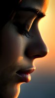 Close-up profile view of Asian woman's face with long eyelashes and soft features illuminated by warm sunset light against blurred background, creating dramatic shadows.