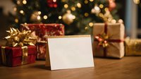 Blank greeting card with Christmas presents and decorated tree in background, festive holiday scene for personalized message.