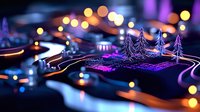 Miniature winter landscape with glowing trees on curved roads at night with colorful bokeh lights creating magical holiday atmosphere for festive designs.