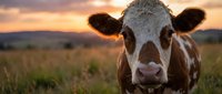 Brown and white dairy cow portrait in pasture field during golden hour sunset with warm orange sky background for agriculture and farming concepts.