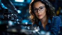 Young Hispanic businesswoman wearing glasses with wavy brown hair and blue shirt in modern office environment with blurred bokeh lights creating professional atmosphere.