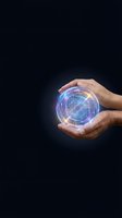 Hands holding glowing digital globe with circuit board pattern and blue purple light effects against dark background for technology and innovation concepts.