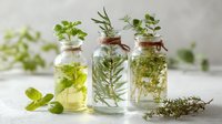 Aromatic herbs in glass bottles with essential oils, perfect for natural skincare, aromatherapy, or culinary use.