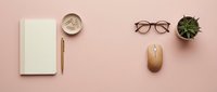 Minimalist workspace flat lay with notebook, wooden mouse, eyeglasses and succulent plant on soft pink background for modern office branding.