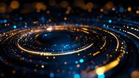 Glowing spiral light trails with golden and blue bokeh effects create dynamic circular motion against dark background, abstract technology concept.