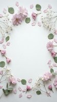 Delicate pink flowers and eucalyptus leaves arranged in circular frame on white background with copy space for wedding invitations and spring designs.