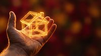 Hand holding glowing golden house outline with warm bokeh background representing real estate investment, property protection and home ownership dreams.