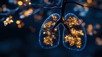 Glowing tree branches shaped like human lungs against dark blue background, illuminated by warm bokeh lights creating ethereal natural health concept.