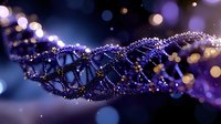Glowing DNA helix structure with purple and gold particles on dark background, representing genetic science and biotechnology research.